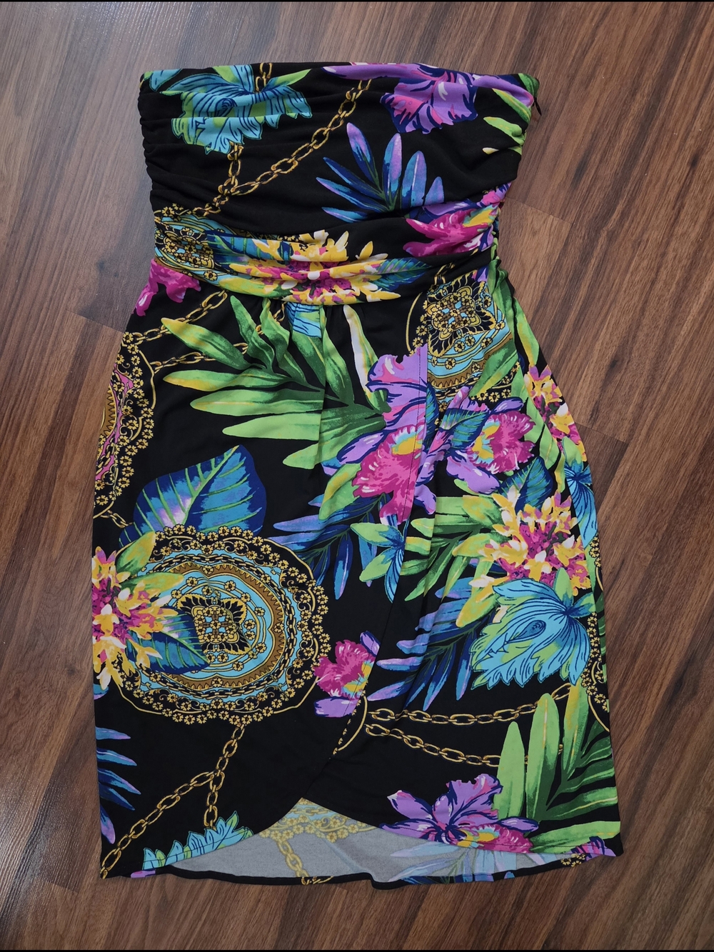 Strapless Tropical Print Dress - Black with Multicolor Florals